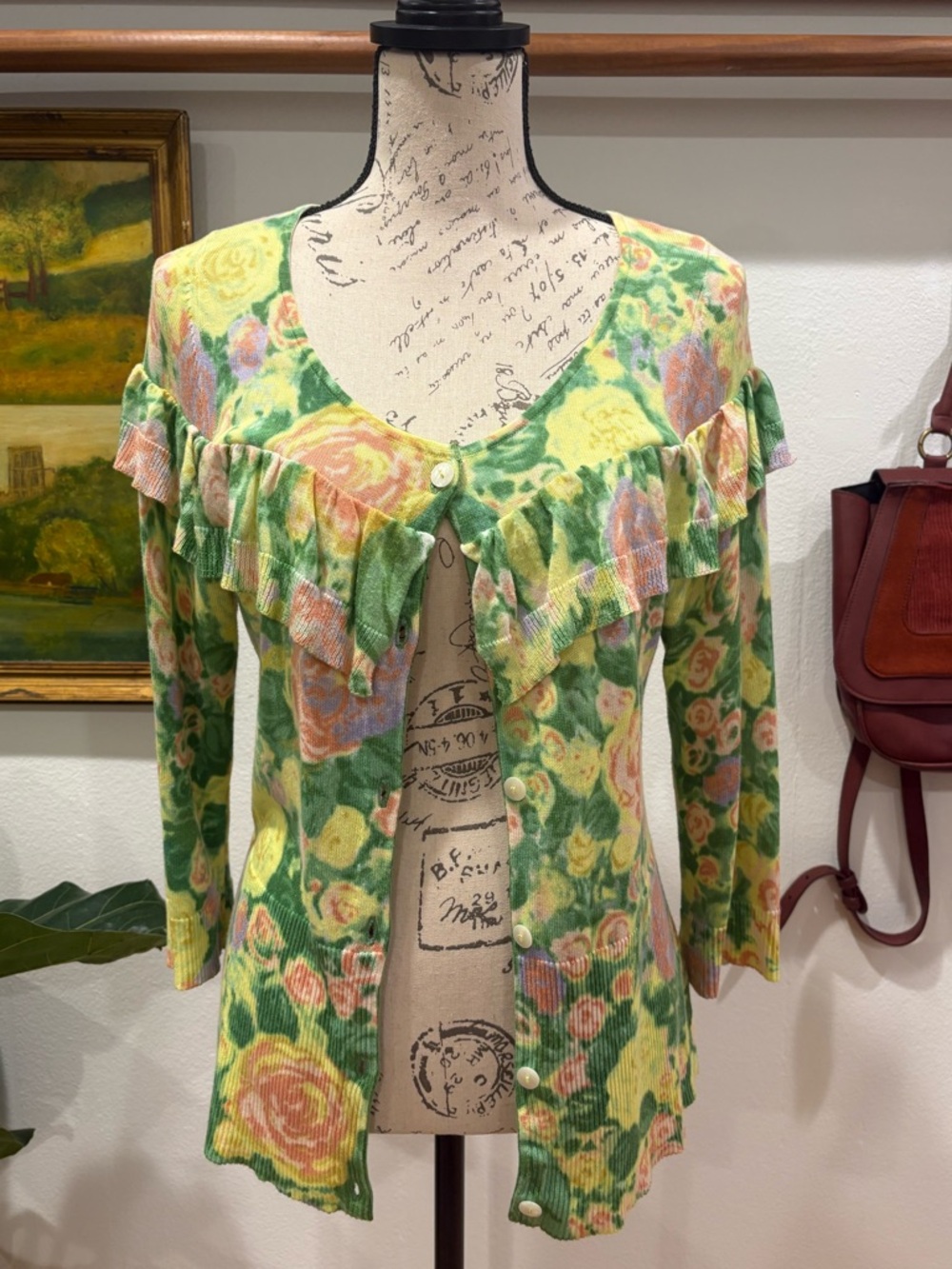 Anthropologie Yellow Bird Floral Ruffle Cardigan Sheer Cottagecore Top